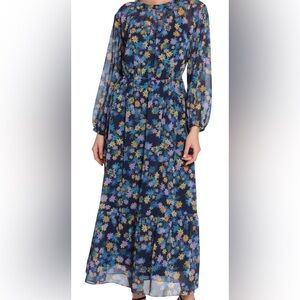 Maggy London Floral Long Sleeve Dress - Blue and Yellow